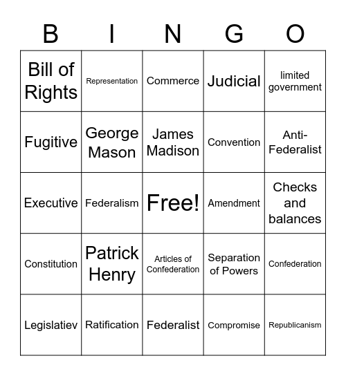 Constitution Vocabulary Bingo Card