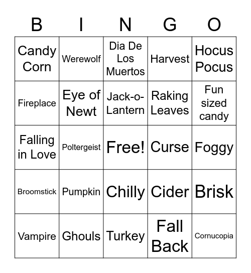 Fall Fright Fest Bingo Card