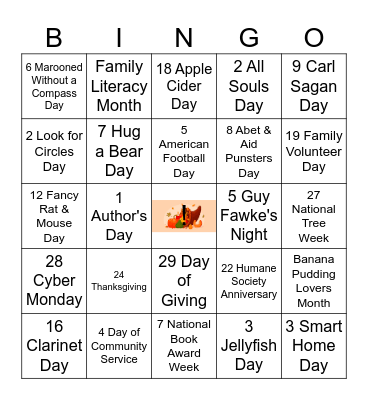 November Holidays Bingo Card