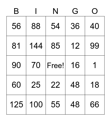 Multiplication Bingo Card