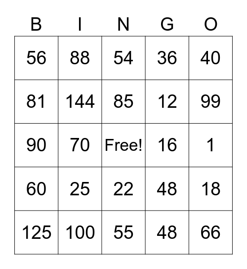 Multiplication Bingo Card