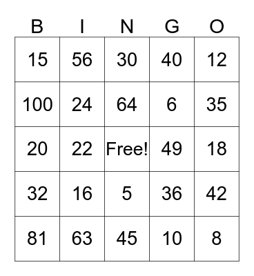Multiplication Bingo  Bingo Card