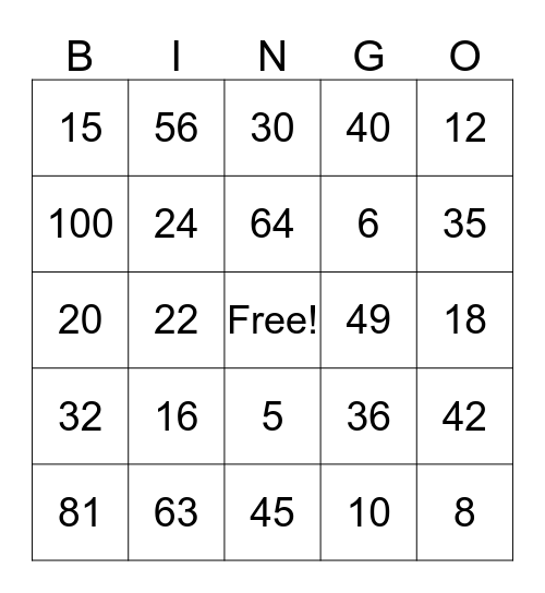 Multiplication Bingo  Bingo Card