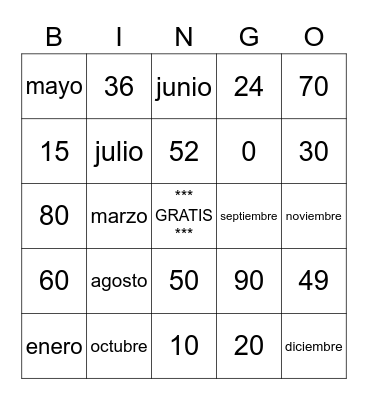 Números y meses Bingo Card