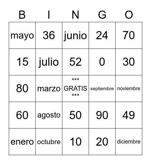 Números y meses Bingo Card