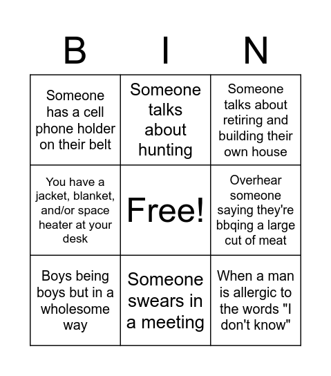 Construction Male Dominated Workplace Bingo Card