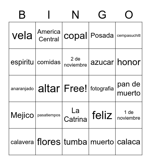 Dia de los Muertos Bingo Card