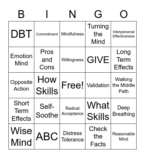 DBT Skills Bingo! Bingo Card