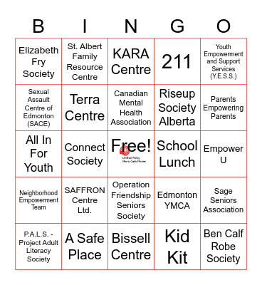 United Way Capital Region Resources Bingo Card