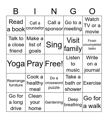 Relapse Prevention Coping Skills Bingo Card
