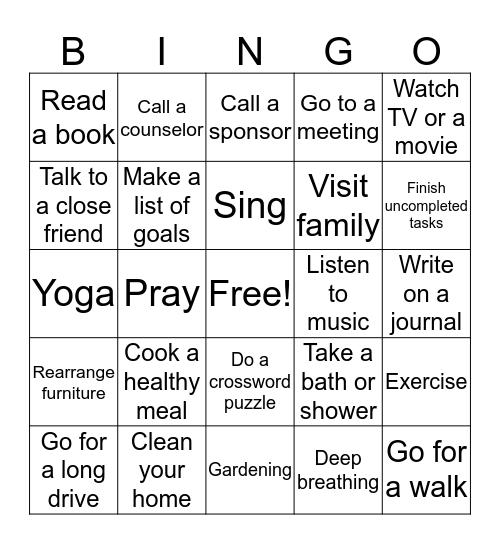 Relapse Prevention Coping Skills Bingo Card