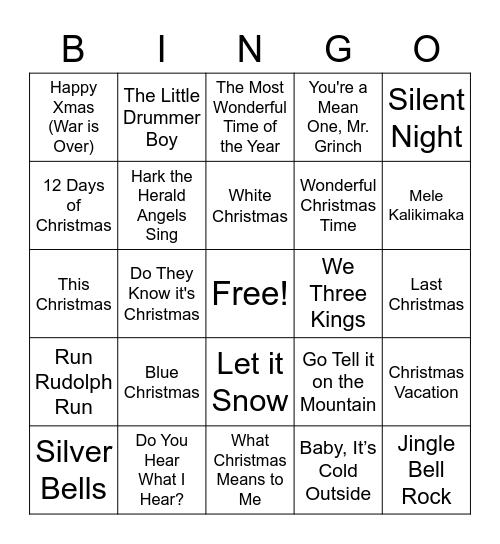 Christmas Songs Bingo Card