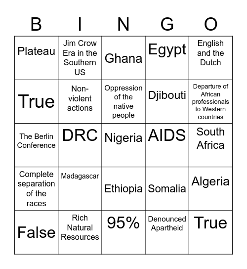 Africa Unit Bingo Review Bingo Card