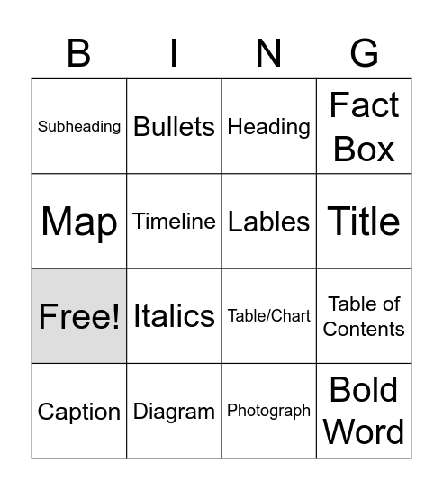 Text Feature Bingo Card