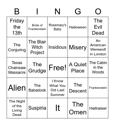 CLASSIC HORROR MOVIE BINGO Card