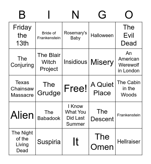 CLASSIC HORROR MOVIE BINGO Card