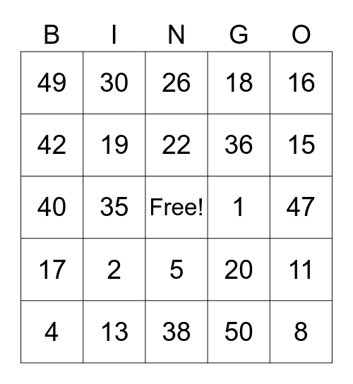GCWCC Chairty Bingo Card