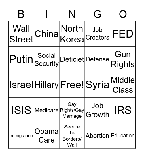 Republican Debate Bingo Card