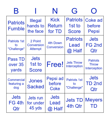 Pats vs. Jets Bingo Card