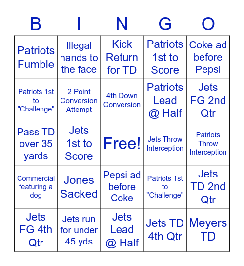 Pats vs. Jets Bingo Card