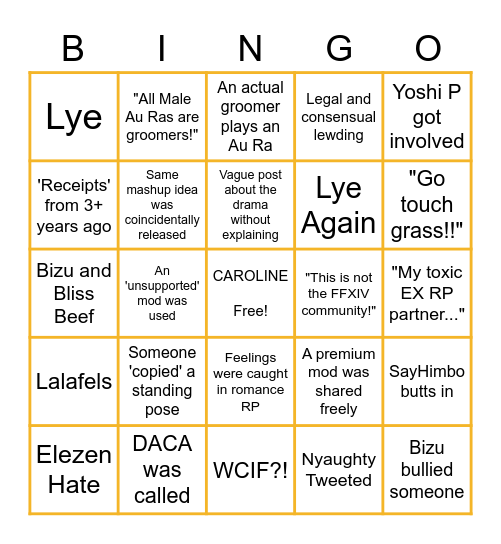 FFXIV TWITTER DRAMA Bingo Card