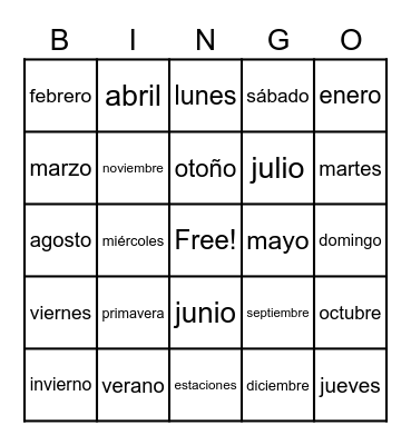 Estaciones, meses, días Bingo Card