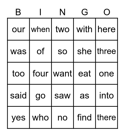 High Frequency Word Bingo-Lessons 11-15 Bingo Card