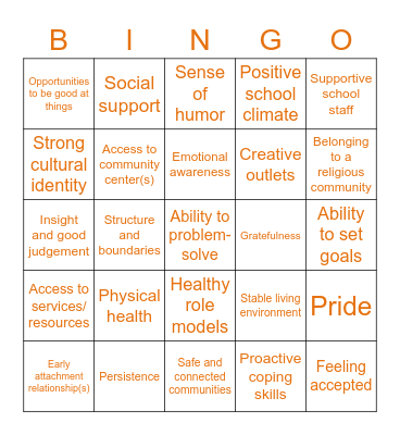 Resiliency Factors Bingo Card