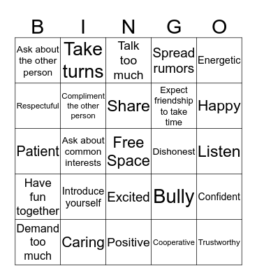 Friendship Skills Bingo Card