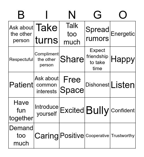 Friendship Skills Bingo Card