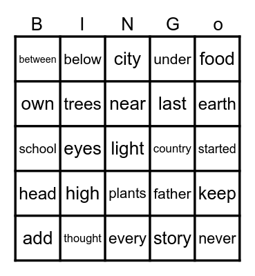 FRY WORD BINGO 201-225 Bingo Card