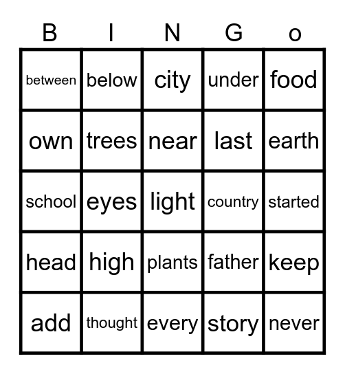 FRY WORD BINGO 201-225 Bingo Card