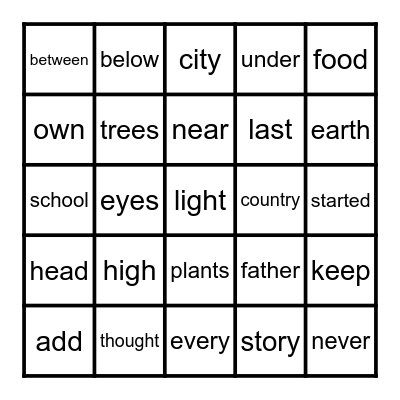 FRY WORD BINGO 201-225 Bingo Card