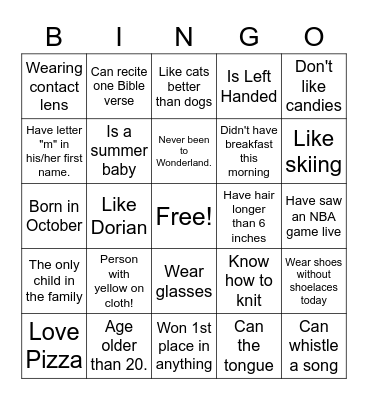 YLD Lunch and Fun Bingo Card