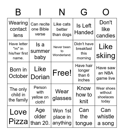 YLD Lunch and Fun Bingo Card