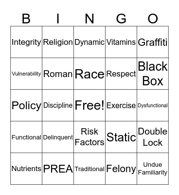 Juvenile Justice Bingo Card