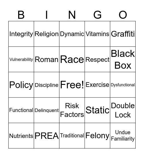 Juvenile Justice Bingo Card
