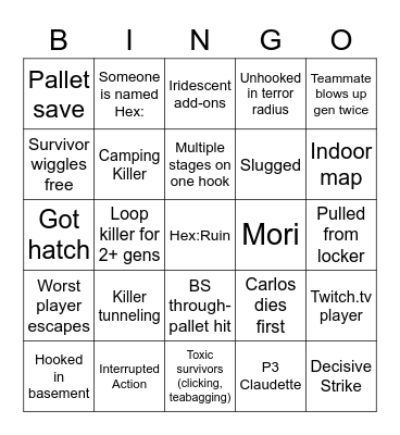 Dead By Daylight Bingo Card