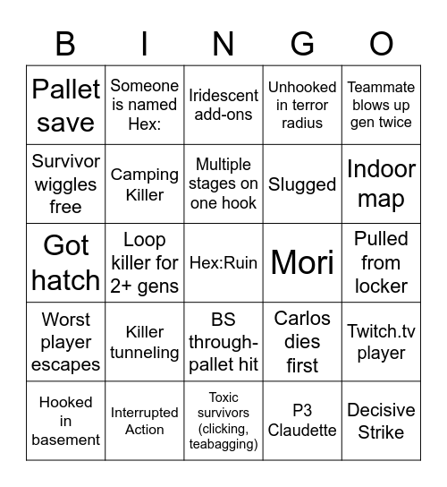 Dead By Daylight Bingo Card