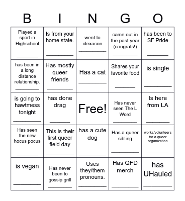 ~~~~~~~Queer Field Day ~~~~~~~ Find someone who.... Bingo Card