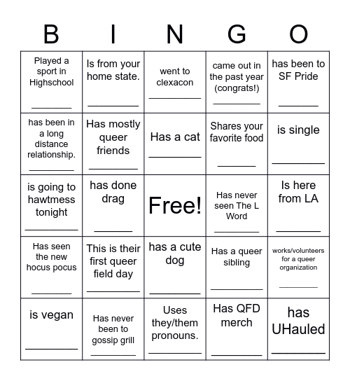 ~~~~~~~Queer Field Day ~~~~~~~ Find someone who.... Bingo Card