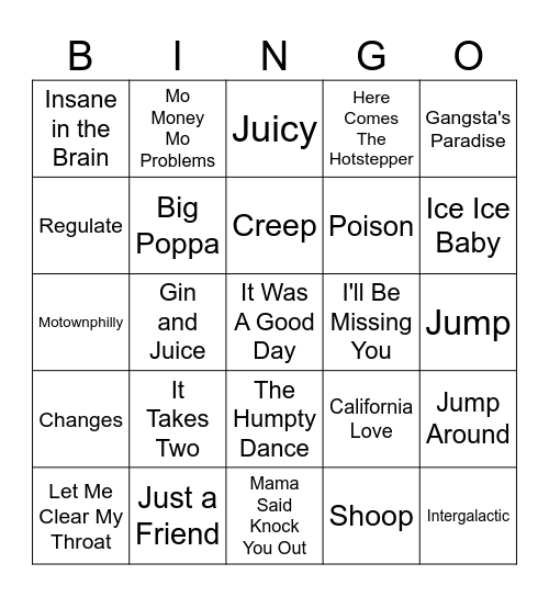 1990-2000 Rap/Hip Hop Bingo Card