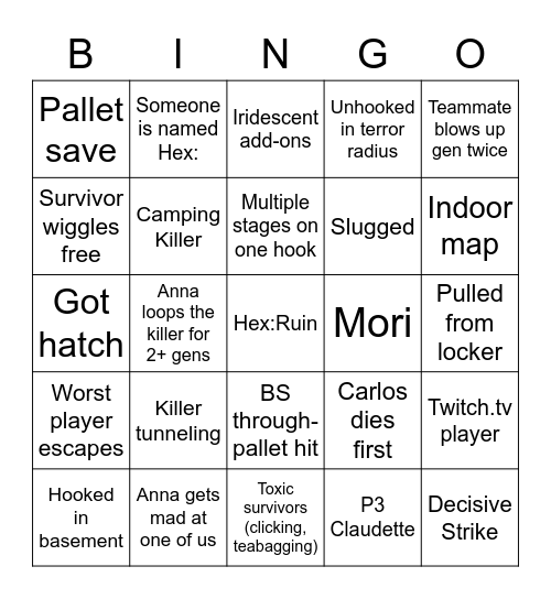 Dead By Daylight Bingo Card