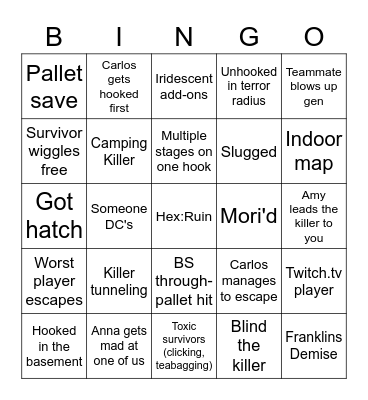 Dead By Daylight Bingo Card