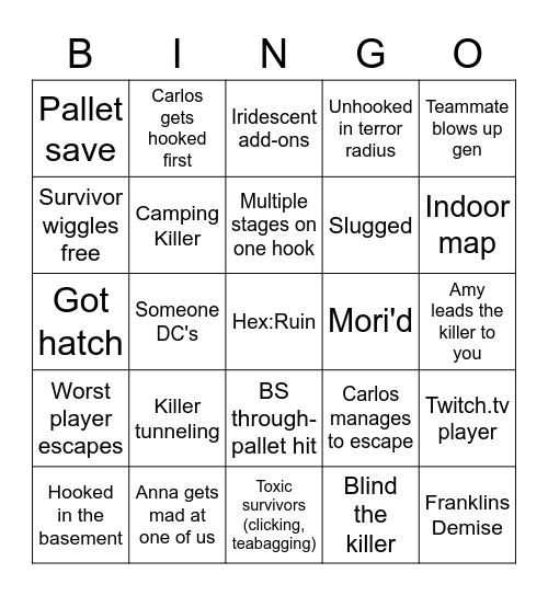 Dead By Daylight Bingo Card