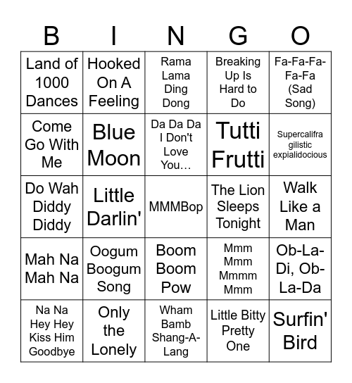 Nonsense Lyrics 2.0 Bingo Card