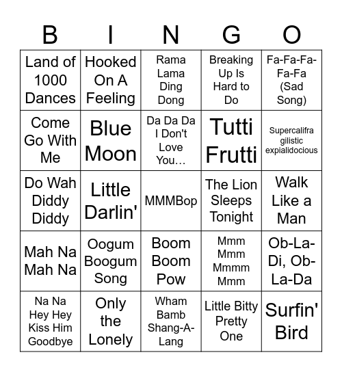 Nonsense Lyrics Bingo Card