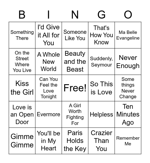 Showtune Love Song Bingo Card