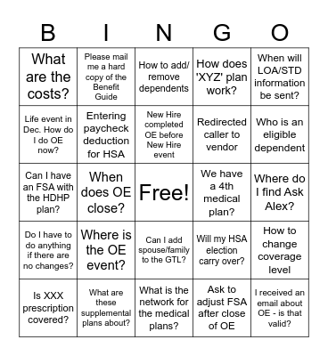 Open Enrollment Bingo Card