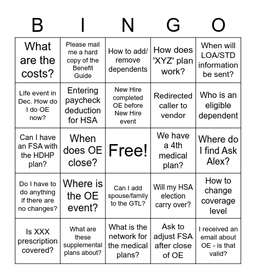 Open Enrollment Bingo Card